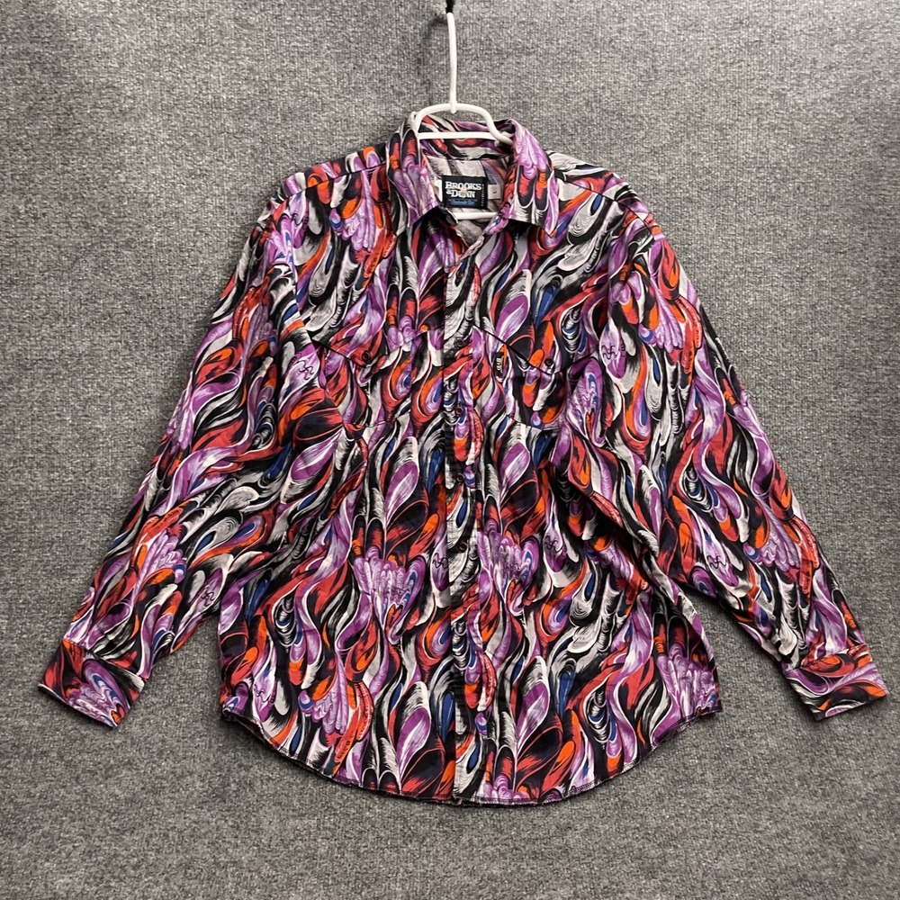 Brooks & Dunn Button Up Shirt Mens Sz L Swirl Flame Print Long Sleeve Made in US